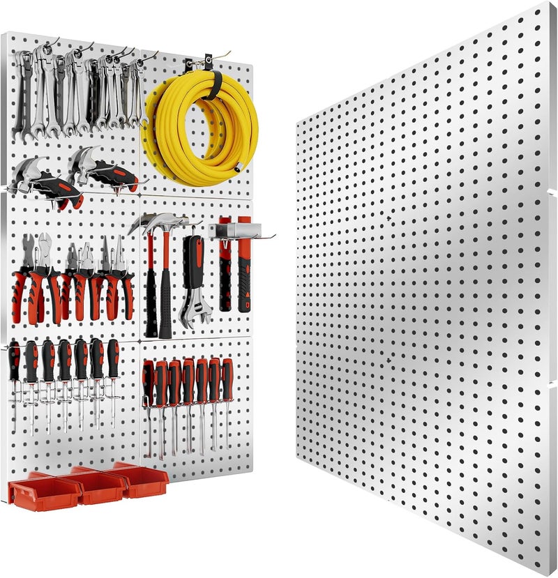 FZK Peg Board, 6PCS Metal Pegboard, Heavy Duty Pegboard Wall Organizer with Frame. Silver Pegboard for Walls, Garage, Workbench, Craft Room Tool Organization, Metal Pegboard Panels 12in*12in - Image 1